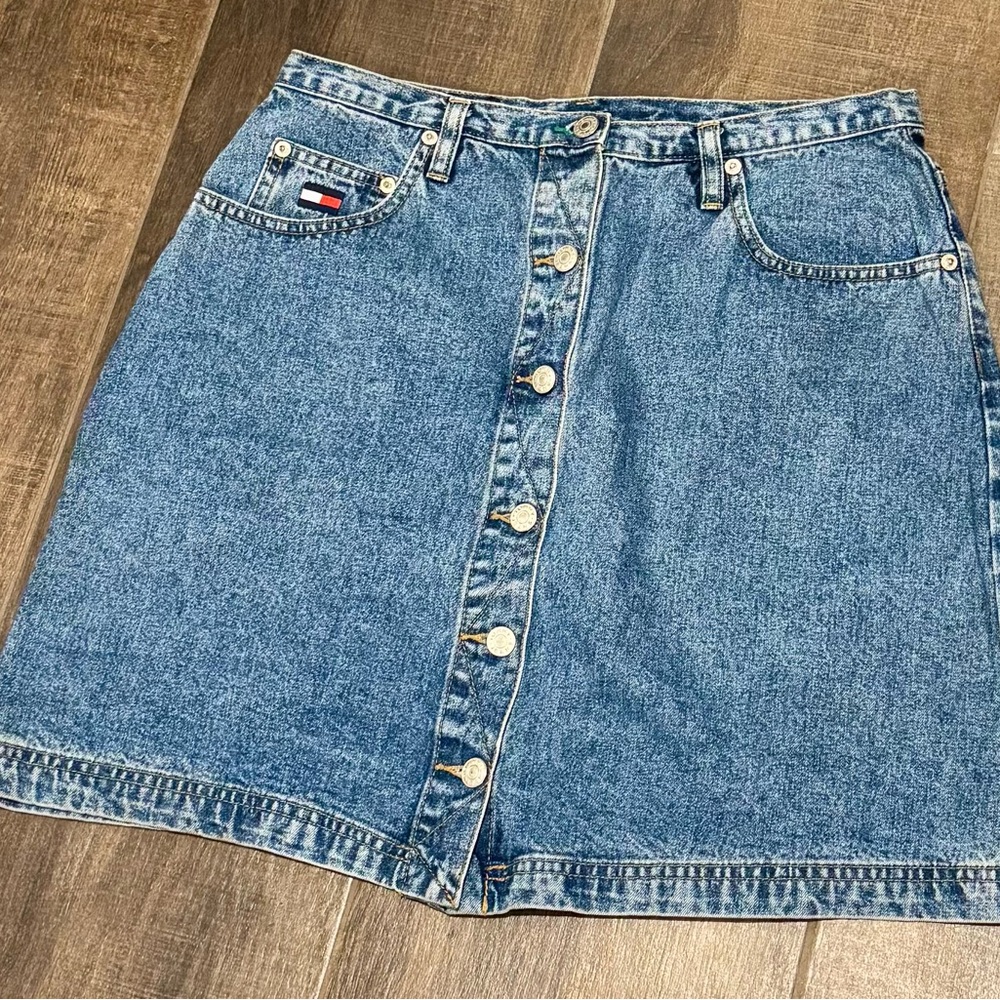 Tommy Hilfiger Jeans Blue Denim Snap Front Midi Skirt Vtg 90s Y2k Sz 12